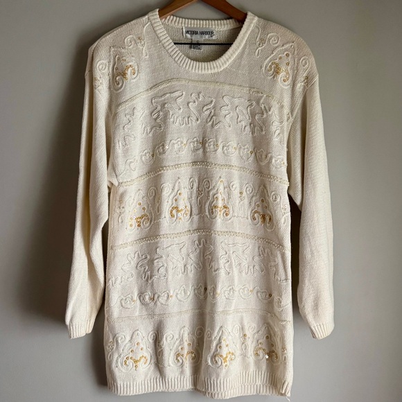 Victoria Harbour Sweaters - Vintage 90’s Victoria Harbour Cream Beaded Tunic Crewneck Pullover Sweater Large